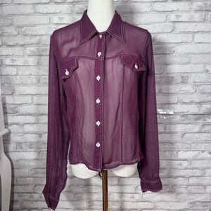 Vintage Magazine Fitted Sheer Plum Button-Down Long Sleeve Western Shirt